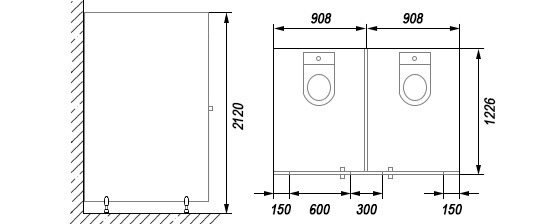 Схема с размерами сантех. перегородки из 2 секций встроенных между стенами