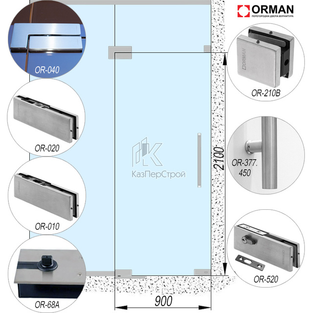 Комплект фурнитуры Orman Glass-4 на распашную стеклянную дверь в перегородку - картинка 1