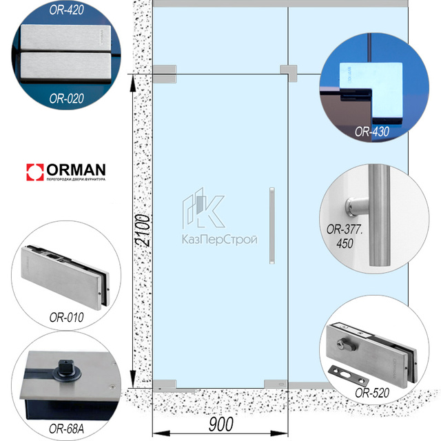 Комплект фурнитуры Orman-Glass 3 на распашную стеклянную дверь, монтаж к стене