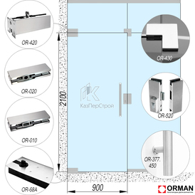 Комплект фурнитуры Orman Glass-3 на распашную стеклянную дверь – монтаж к стене