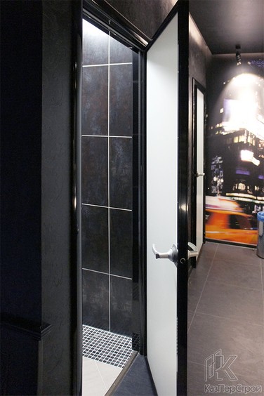 Алюминиевая дверь с черной телескопической дверной коробкой